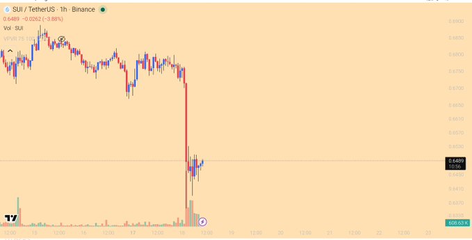 The image shows a 1-hour candlestick chart of SUI/TetherUS on Binance, with the price at 0.6489, down 3.88% (-0.0262), illustrating the sharp dump the user is asking about.