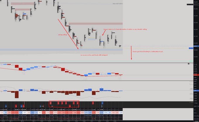 A financial trading chart displaying candlestick patterns with red annotations marking 'strong selling', 'buy stop to clear detonation of sellers', 'no success on low and finally still pumping', and 'buyers got forced holding to continuation in pts'.