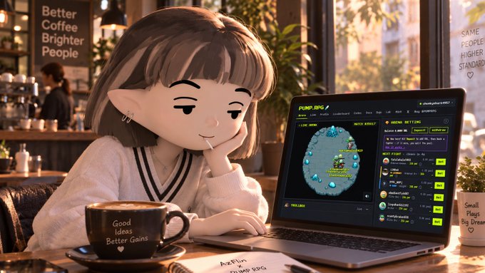 A stylized 3D animated character sits at a cafe table, resting their chin on their hand while looking at a laptop displaying a website titled 'PUMP RPG'. A coffee cup on the table bears the text 'Good Ideas Better Gains', and a sign in the background reads 'Better Coffee Brighter People'.