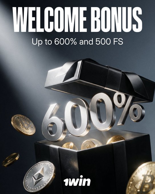 A promotional graphic for 1win displays a sleek black box with golden coins and cryptocurrencies (Bitcoin and Ethereum) spilling out, beneath bold "WELCOME BONUS" text offering "Up to 600% and 500 FS" — visually reinforcing the post's advertised headline offer of up to 600% plus 500 free spins.
