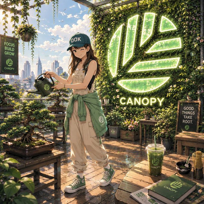 An anime-style illustration of a girl wearing a 'DOK' cap and green 'CANOPY' apron watering bonsai trees in a lush rooftop garden setting, featuring a large glowing 'CANOPY' leaf logo on a plant wall and signs reading 'FOCUS BUILD GROW CANOPY' and 'GOOD THINGS TAKE ROOT.'