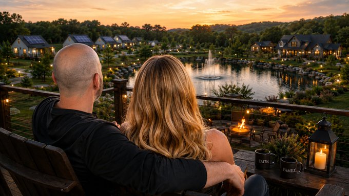 A couple sitting on a wooden deck at sunset, overlooking a lake with a fountain and a community of houses with solar panels, with mugs labeled 'FAMILY' on a nearby table.