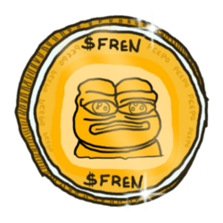 A gold coin featuring the Pepe the Frog meme character wearing sunglasses, with '$FREN' written at the top and bottom, styled to look like an official coin with a star sparkle effect.