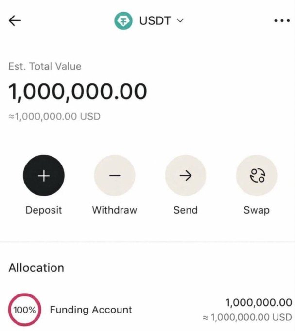 The image displays a cryptocurrency wallet interface showing a USDT balance of 1,000,000.00 (approximately $1,000,000.00 USD), with 100% allocation in the Funding Account and action buttons for Deposit, Withdraw, Send, and Swap. 

This appears to be a promotional image suggesting that participants will receive a substantial USDT airdrop in their wallets within 24 hours after following the instructions.
