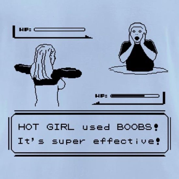 A pixelated Pokémon-style battle screen meme reading "HOT GIRL used BOOBS! It's super effective!" showing a shocked character.