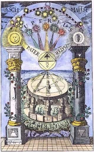 The image is an alchemical illustration featuring the "Jachin and Boaz" pillars—two ornate columns labeled "ASCH" and "MAIM"—flanking a central temple structure, with celestial symbols and the Latin phrase "SUPERIUS" and "PATER NOSTER" inscribed on a radiant arch above. The artwork visually echoes the post's reference to the symbolic pillars of Solomon's Temple, tying the alchemical symbolism to themes of spiritual foundation and cosmic order often associated with esoteric interpretations of XRP.