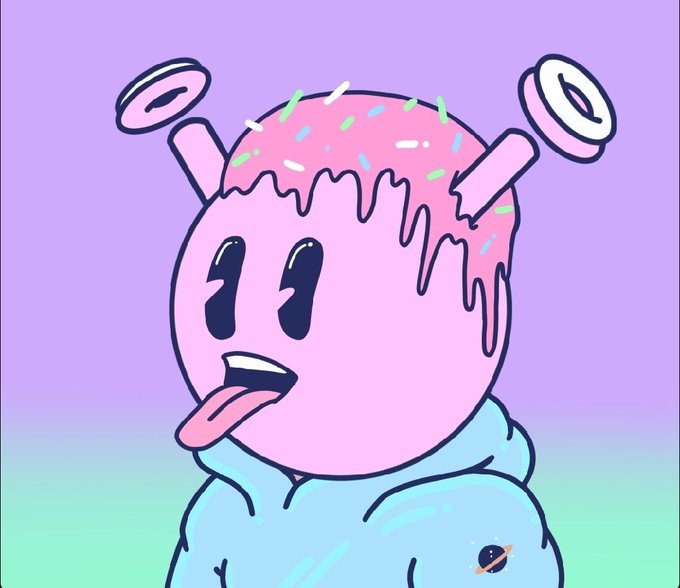 A cartoon illustration of a pink character with a head shaped like an ice cream scoop topped with colorful sprinkles and two donuts as halos, sticking out its tongue with a goofy expression against a pastel gradient background.