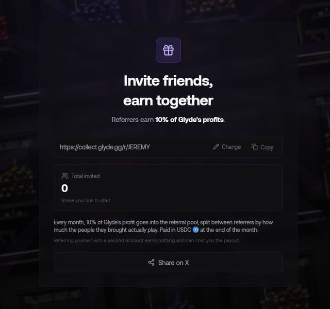 A referral program interface from GlydeGG showing an invite link "https://collect.glyde.gg/r/JEREMY" with 0 total invites, promoting that referrers earn 10% of Glyde's profits paid in USDC. This differs from the post's personalized link ending in "SANDYXBT," but both promote the same GlydeGG referral rewards program for the partnered content creator.