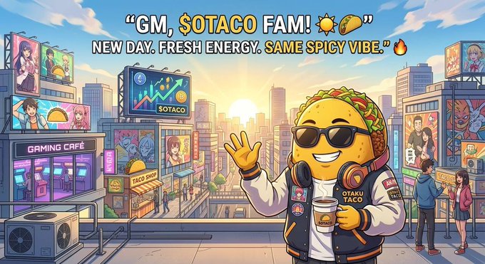 A vibrant cartoon illustration features a taco-headed character in sunglasses holding a coffee cup, with text reading 'GM, $OTACO FAM! NEW DAY. FRESH ENERGY. SAME SPICY VIBE.'