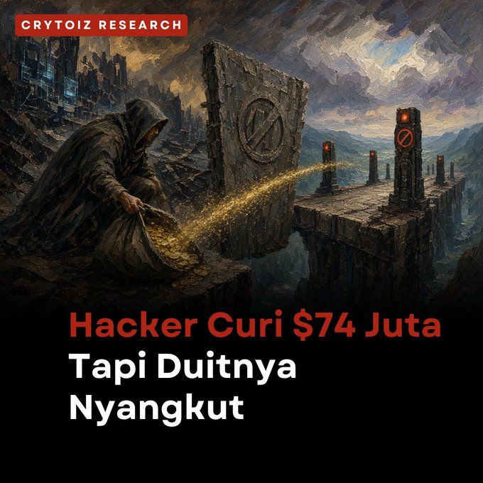 The image, branded "CRYTOIZ RESEARCH," depicts a hooded figure pouring gold coins toward a stone gateway marked with a prohibition symbol, with red sentinels blocking a bridge—visually symbolizing a hacker attempting to flee with stolen funds but being halted by the network's defenses. The Indonesian text reads "Hacker Curi $74 Juta Tapi Duitnya Nyangkut" (Hacker Steals $74 Million But Money Gets Stuck), directly illustrating the post's narrative about the Tectonic Finance exploit on Cronos, where the rapid chain pause trapped the hacker's stolen funds before they could fully escape.