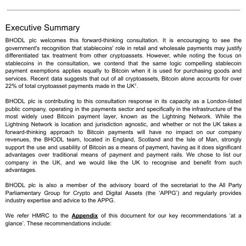 The image shows the Executive Summary section of a BHODL plc consultation response document, which outlines the company's support for Bitcoin adoption in UK retail payments and recommends tax policy reforms. The accompanying post relates to this by highlighting the need for tax exemptions when "lending" Bitcoin, mirroring BHODL's recommendations for cryptoasset tax treatment discussed in the document.