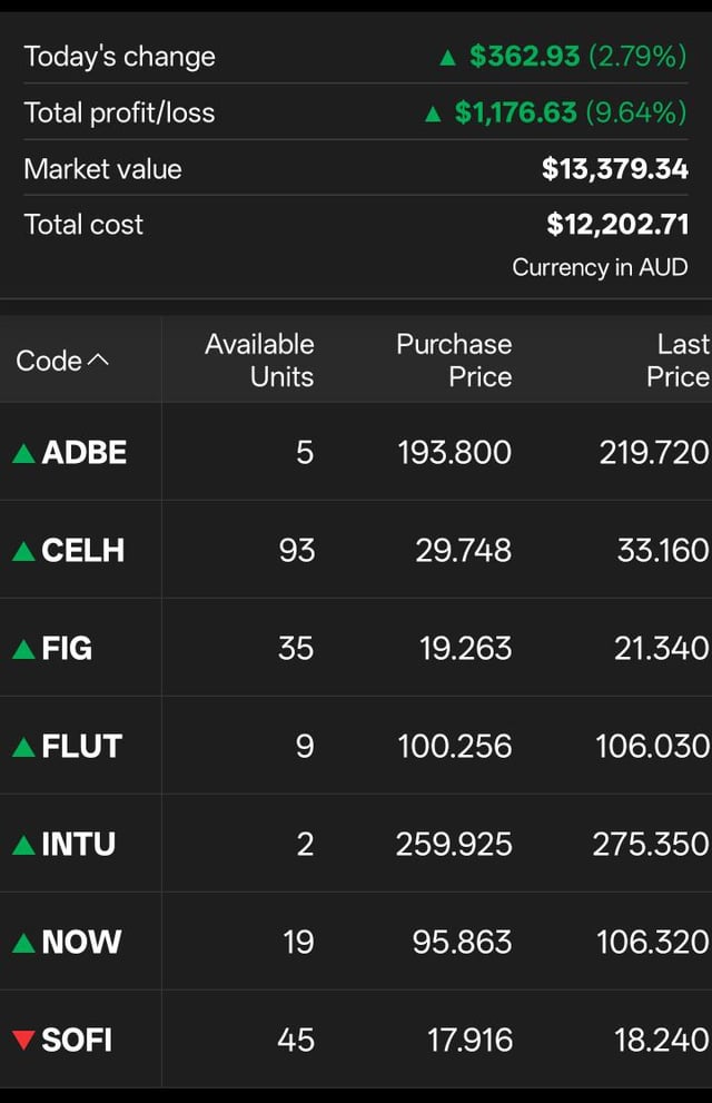 A portfolio summary showing a market value of $13,379.34 AUD and a total profit of $1,176.63 (9.64%), listing holdings in ADBE, CELH, FIG, FLUT, INTU, NOW, and SOFI.
