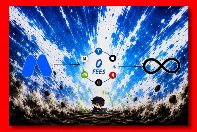 The image depicts a person using a laptop amid a dramatic explosion scene, with the MEXC logo on the left and an infinity symbol on the right, connected by arrows to a diagram showing "0 FEES" surrounded by various currency/market icons (T, Apple, N, G, and others). The visual reinforces the post's message about how MEXC has simplified stock trading by eliminating fees, contrasting the chaotic "explosion" of traditional trading platforms with the seamless, cost-free experience the platform now offers.