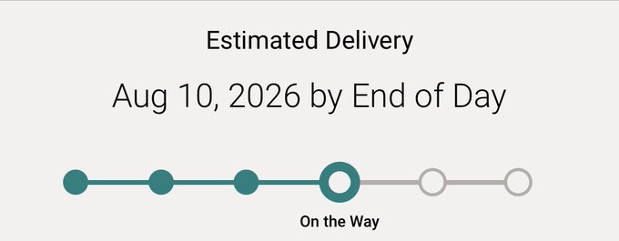 A UPS package tracking interface displays an estimated delivery of "Aug 10, 2026 by End of Day" with a progress indicator showing the package is "On the Way" through a 6-step timeline. This reflects the poster's frustration with UPS delaying their Beeple error card delivery for the third time this month.