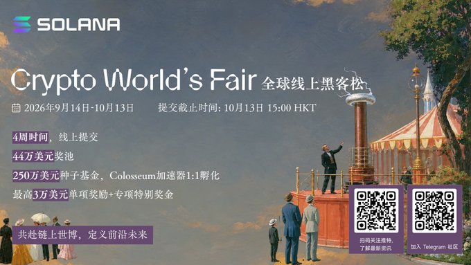 This image advertises the "Crypto World's Fair" Global Online Hackathon by Solana and Colosseum, running from September 14 to October 13, 2026, with a $440,000 prize pool. The visual depicts figures in historical attire looking towards a Nikola Tesla coil and a fantastical fairground, suggesting innovation and the future of technology.