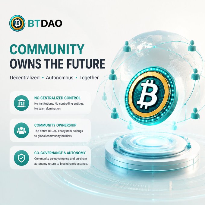 A promotional graphic for 'BTDAO' with the tagline 'COMMUNITY OWNS THE FUTURE - Decentralized • Autonomous • Together,' featuring a 3D Bitcoin coin surrounded by networked human figures.