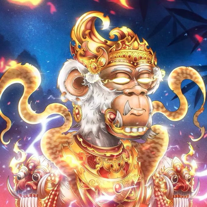 A vibrant digital illustration of a monkey deity wearing an ornate golden crown and armor, surrounded by glowing lightning and snake-like elements.