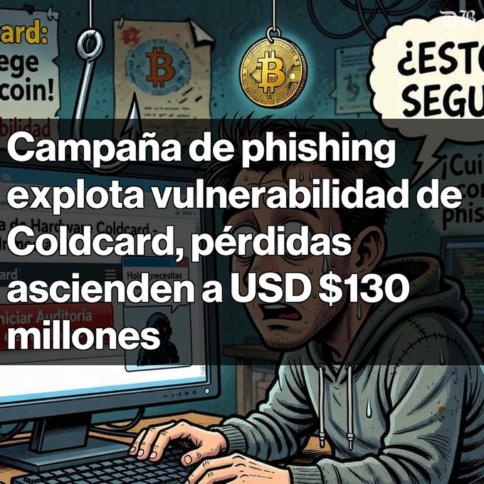 A Spanish-language image showing a stressed, sweating man at a computer with Bitcoin and phishing-related graphics, headlined "Campaña de phishing explota vulnerabilidad de Coldcard, pérdidas ascienden a USD $130 millones." The illustration visually reinforces the post's warning about the massive $130 million phishing attack targeting Coldcard users through fake hardware wallet audits.