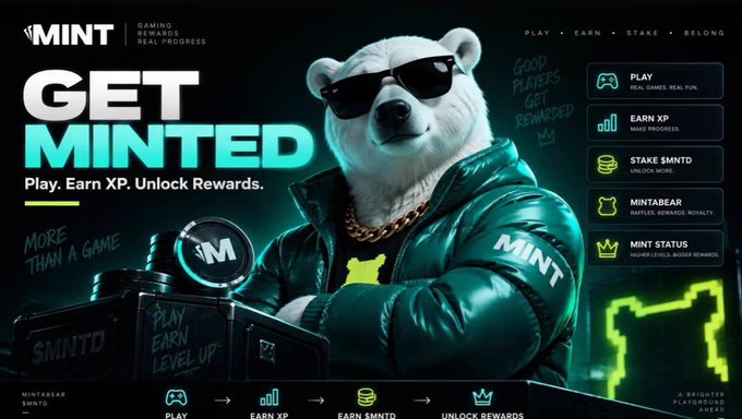 A promotional graphic featuring a white bear wearing sunglasses and a green jacket, with prominent text 'MINT GET MINTED' and a gaming rewards menu.