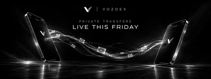 A dark promotional banner for 'VOZDEX' announcing 'PRIVATE TRANSFERS LIVE THIS FRIDAY', showing two smartphones with a particle stream flowing between them.
