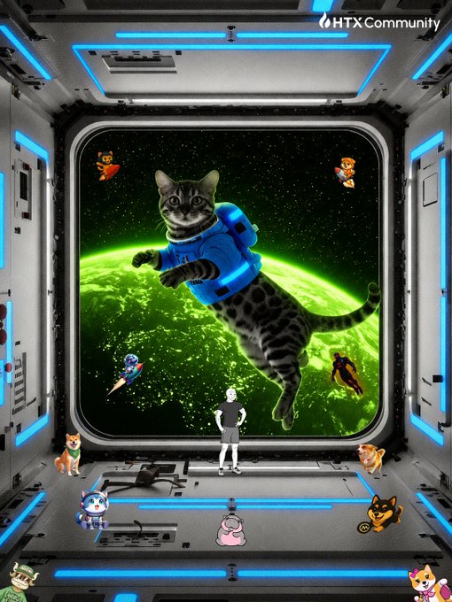 In this surreal image, a man is standing in front of a large window gazing at his giant feline companion floating in mid-air above a large green planet. The accompanying post invites viewers to imagine seeing a giant space cat above a green planet and consider what their first move would be.