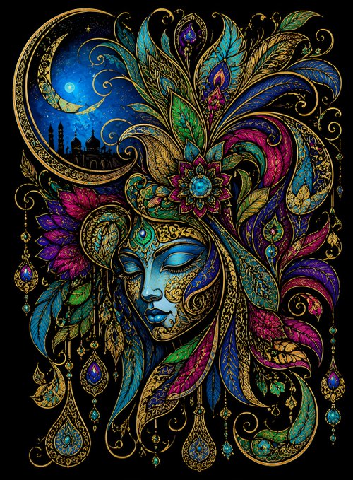 A vibrant, ornate illustration of a decorated mask adorned with colorful feathers, jewels, and gold filigree, featuring a dreamy face against a starry night background with a crescent moon.