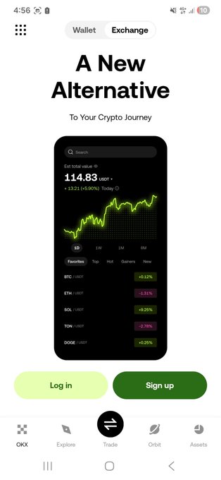 A screenshot of the OKX app's sign-up screen displaying "A New Alternative To Your Crypto Journey" with a portfolio value of 114.83 USDT and various crypto tickers (BTC, ETH, SOL, TON, DOGE) showing percentage changes, illustrating the user's discovery that they can access OKX from Bangladesh without a VPN.