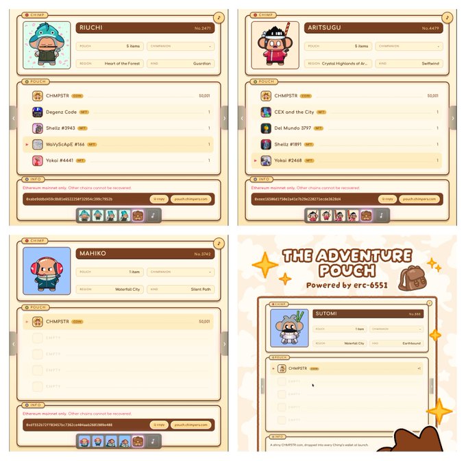 Screenshots of "The Adventure Pouch" powered by erc-6551, showing character profiles for Riuchi, Aritsugu, Mahiko, and Sutomi with NFT pouch contents.