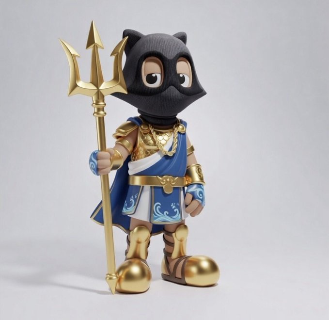 A 3D-rendered figurine of a character in a black cat-eared mask holds a golden trident, wearing blue and gold Greek-inspired warrior armor resembling Poseidon.