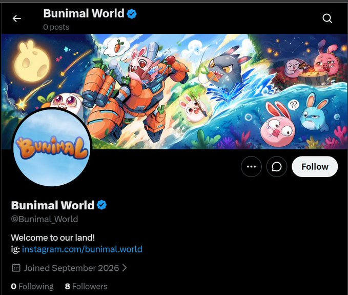 A screenshot of the verified Twitter/X profile for "Bunimal World" (@Bunimal_World), featuring a colorful banner of cartoon rabbit characters in a space/ocean setting, with 0 posts, 8 followers, joined September 2026, and a link to instagram.com/bunimal_world, with a caption introducing it as a new cute IP NFT project by a small 3D studio in Southeast Asia.