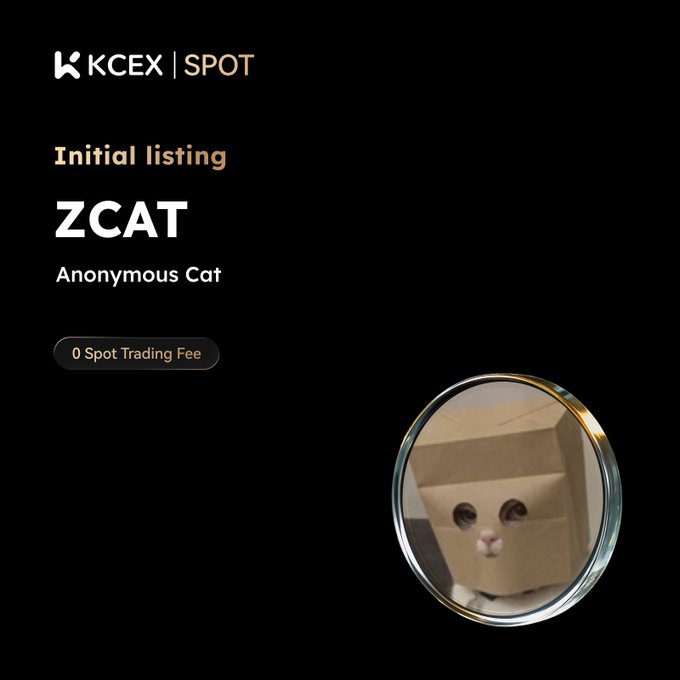 A promotional graphic for KCEX Spot exchange announcing the initial listing of ZCAT (Anonymous Cat), a Solana-based memecoin, highlighting a "0 Spot Trading Fee" offer alongside an image of a cat peering out from a cardboard box.