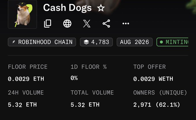 This image shows the NFT collection stats page for "Cash Dogs" on Robinhood Chain, displaying a floor price of 0.0029 ETH, top offer of 0.0029 WETH, 24H volume of 5.32 ETH, total volume of 5.32 ETH, and 2,971 unique owners (62.1%), with a minting status indicator visible. The stats suggest this is a newly launched collection, which aligns with the post announcing the project's successful launch and distribution of 200+ guaranteed tokens to its community.