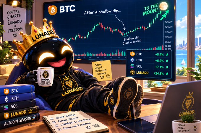 A cartoon mascot wearing a "LUNADD" crown and slippers relaxes in front of a BTC price graph annotated "After a shallow dip... Shallow dip (Just a pause!)" with "TO THE MOON!" text, while a ticker shows BTC +8.4%, ETH +6.2%, SOL +7.1%, and LUNADD +24.8%, and a notepad reads "Good Coffee, Green Charts, LUNADD to the Moon, Financial Freedom"—illustrating the post's message to stay calm during BTC's shallow dip and trust the bullish setup.