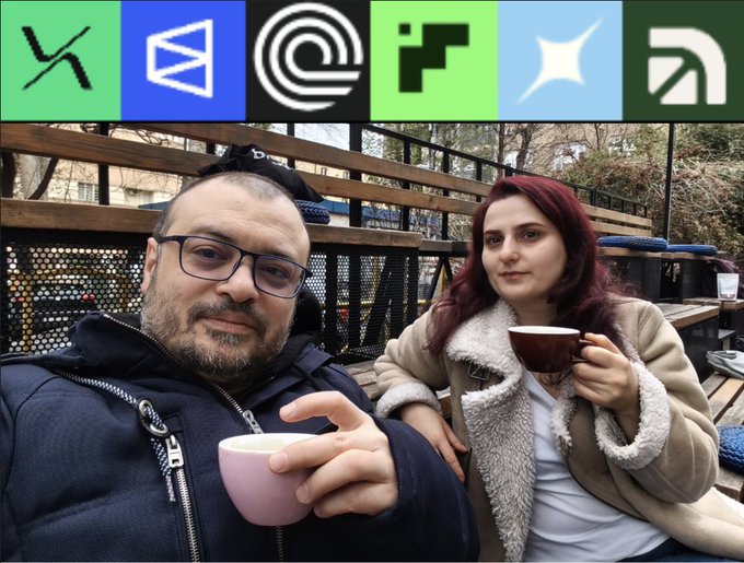 A man with glasses and a woman with red hair sit outdoors at a cafe, each holding coffee cups in front of a banner displaying logos for various perpetual DEX platforms including Risex Trade and Ondo Perps.

The image connects to the post as a casual, personal "vlog-style" thumbnail pairing the two hosts (a male and female creator) with the logos of the perpetual DEXes they discuss, visually signaling that this week's episode focuses on these specific platforms—particularly Risex Trade ahead of its July 20th points system launch.