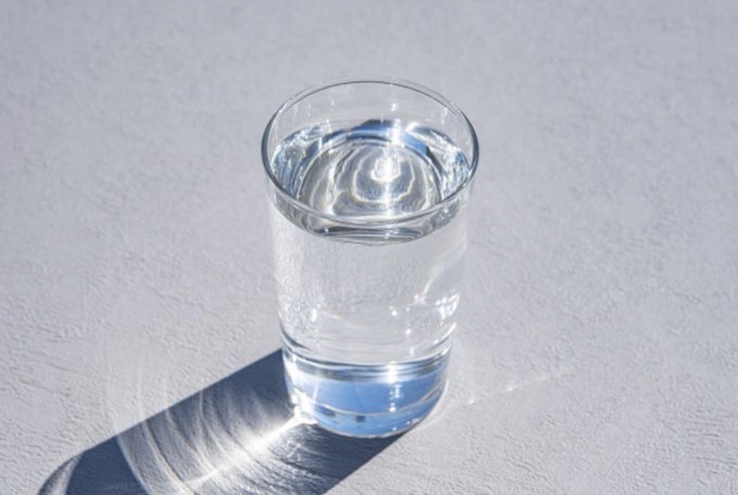 A clear glass filled with water sits on a textured white surface, casting a long shadow in bright sunlight.