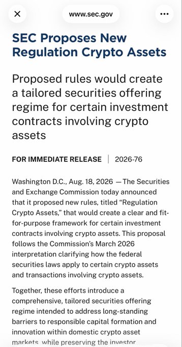 A screenshot of an SEC press release dated August 18, 2026, announcing proposed "Regulation Crypto Assets" rules to create a tailored securities offering framework for certain crypto investment contracts, which the accompanying post notes could enable compliant "ICOs" by bypassing the Clarity Act.