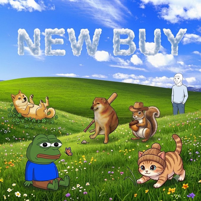 The image features various meme characters—including Shiba Inu dog, Pepe the Frog, a squirrel in a cowboy hat, a cat in a beanie, and the "NPC" wojak figure—gathered in a grassy field under cloud-shaped text reading "NEW BUY," while the accompanying post announces a paid $CULT promotion following a buy on the Solana token.