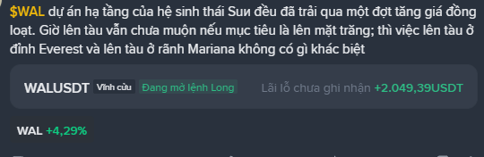 A financial news snippet in Vietnamese discusses Sui's ecosystem achievements, noting WAL has rallied with a +4.29% increase and shows a record inflow of +2,049,39 USDT for WALUSDT.