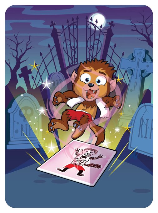 A cartoon illustration of a happy werewolf or cat-like creature jumping excitedly on a child's drawing in a spooky graveyard setting with tombstones marked "RIP" and a wrought iron gate.