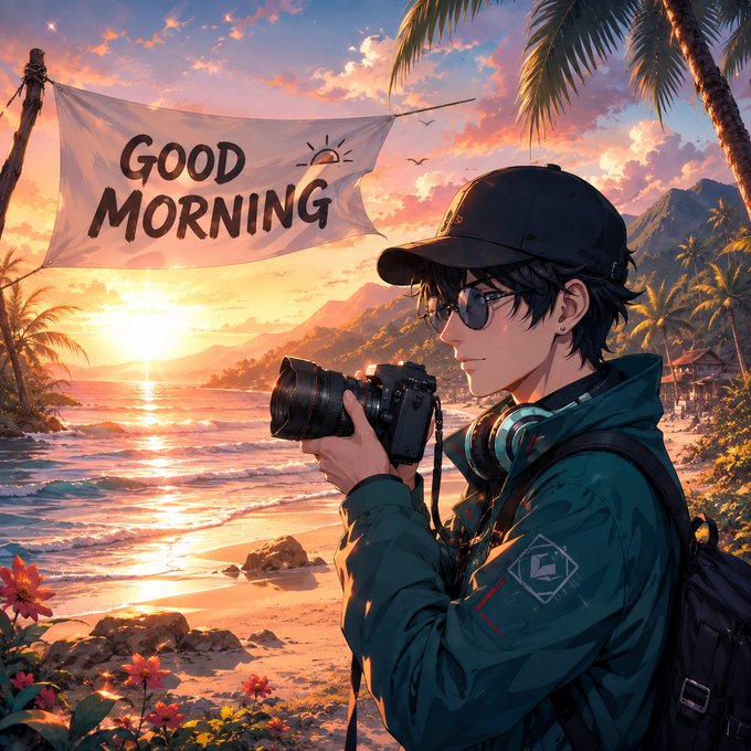 In the image, there's an artist who appears to be exploring a tropical beach or island setting while taking pictures with his camera. The man seems to be enjoying himself as he captures various scenes of nature around him. Alongside him, there is also a banner in the scene that reads "Good Morning Fam" and says "Welcome back!". This suggests that it could be a greeting for a new day on the island or beach. The artist's presence adds a unique element to the scene, as he not only captures pictures but potentially contributes to the post by engaging with the content being shared. Overall, the image conveys a sense of leisure and appreciation for nature while also highlighting the artist's role in sharing this moment with others through his work.