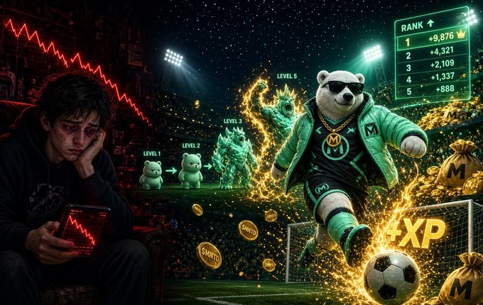 A composite digital image contrasts a sad person looking at a red declining chart on a phone with a triumphant bear mascot kicking a soccer ball amid gold coins, with a 'RANK' leaderboard in the corner.