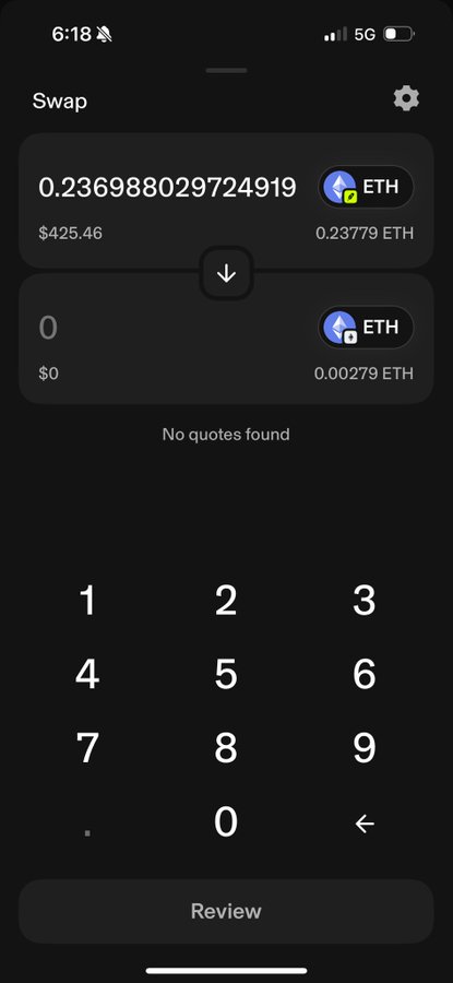 Mobile screenshot of a cryptocurrency swap interface showing an attempt to convert 0.236988029724919 ETH (~$425.46) to ETH, displaying 'No quotes found' with a numeric keypad.