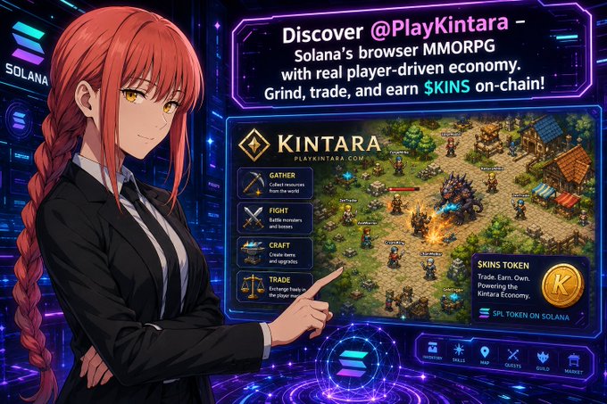 A red-haired anime character in a black suit points toward a promotional screen for **@PlayKintara**, a browser MMORPG on Solana where players can gather, fight, craft, and trade to earn the **$KINS** token on-chain. The image visually reinforces the post's message about Solana gaming's momentum by showcasing Kintara's player-driven economy and its **$KINS / SPL Token on Solana** integration.