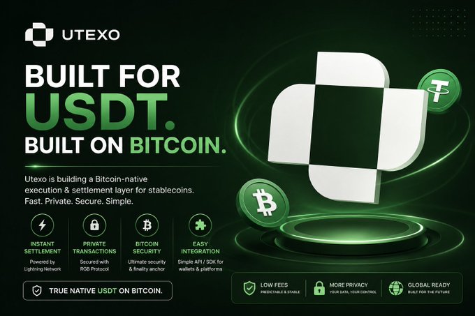 Promotional banner for Utexo reading 'Built for USDT. Built on Bitcoin', describing their Bitcoin-native execution & settlement layer for stablecoins with features like Instant Settlement, Private Transactions, Bitcoin Security, and Easy Integration.