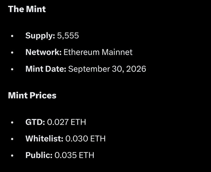 Information graphic for an NFT mint called 'The Mint' with supply of 5,555 on Ethereum Mainnet, minting September 30, 2026, with GTD price 0.027 ETH, Whitelist 0.030 ETH, and Public 0.035 ETH.