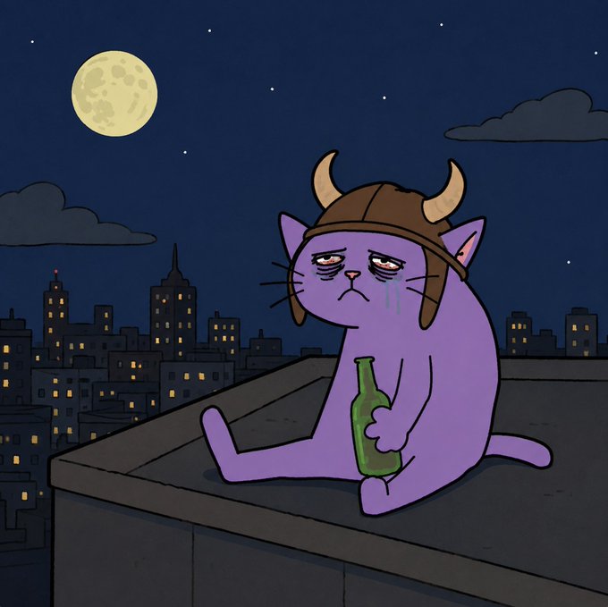 A cartoon illustration of a sad purple cat wearing a Viking helmet and holding a green bottle while sitting on a rooftop under a full moon at night.