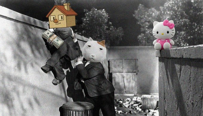 A person wearing a house for a head is being rescued from climbing over a wall by a friend with a cat head, while a Hello Kitty plush watches from atop the wall. The image humorously visualizes the post's message "A friend in need is a friend indeed" alongside the $KET ticker, symbolizing how crypto communities come together to help members escape financial "traps."