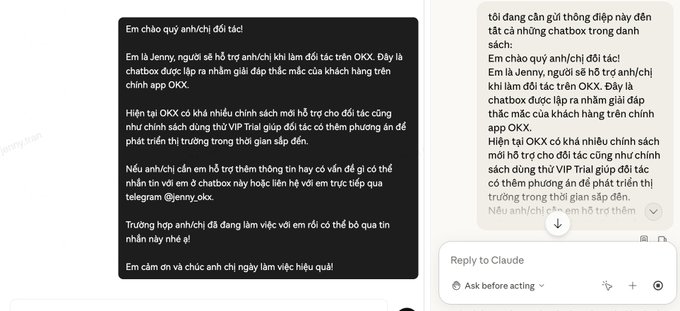 A chat interface displaying Vietnamese text messages from 'Jenny' to an OKX VIP Trial support team, with options to 'Reply to Claude' and 'Ask before acting'.