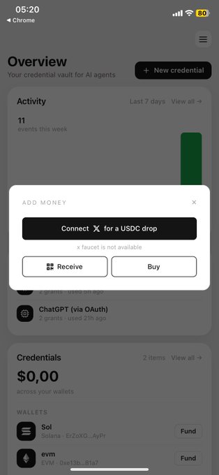 A mobile app screenshot showing a credential vault overview with an "ADD MONEY" popup offering to "Connect X for a USDC drop," listing ChatGPT and wallets like Sol and evm.