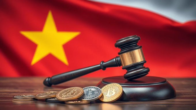 A judge's gavel rests on a wooden sound block next to scattered Bitcoin and cryptocurrency coins, set against the backdrop of the Vietnamese flag.